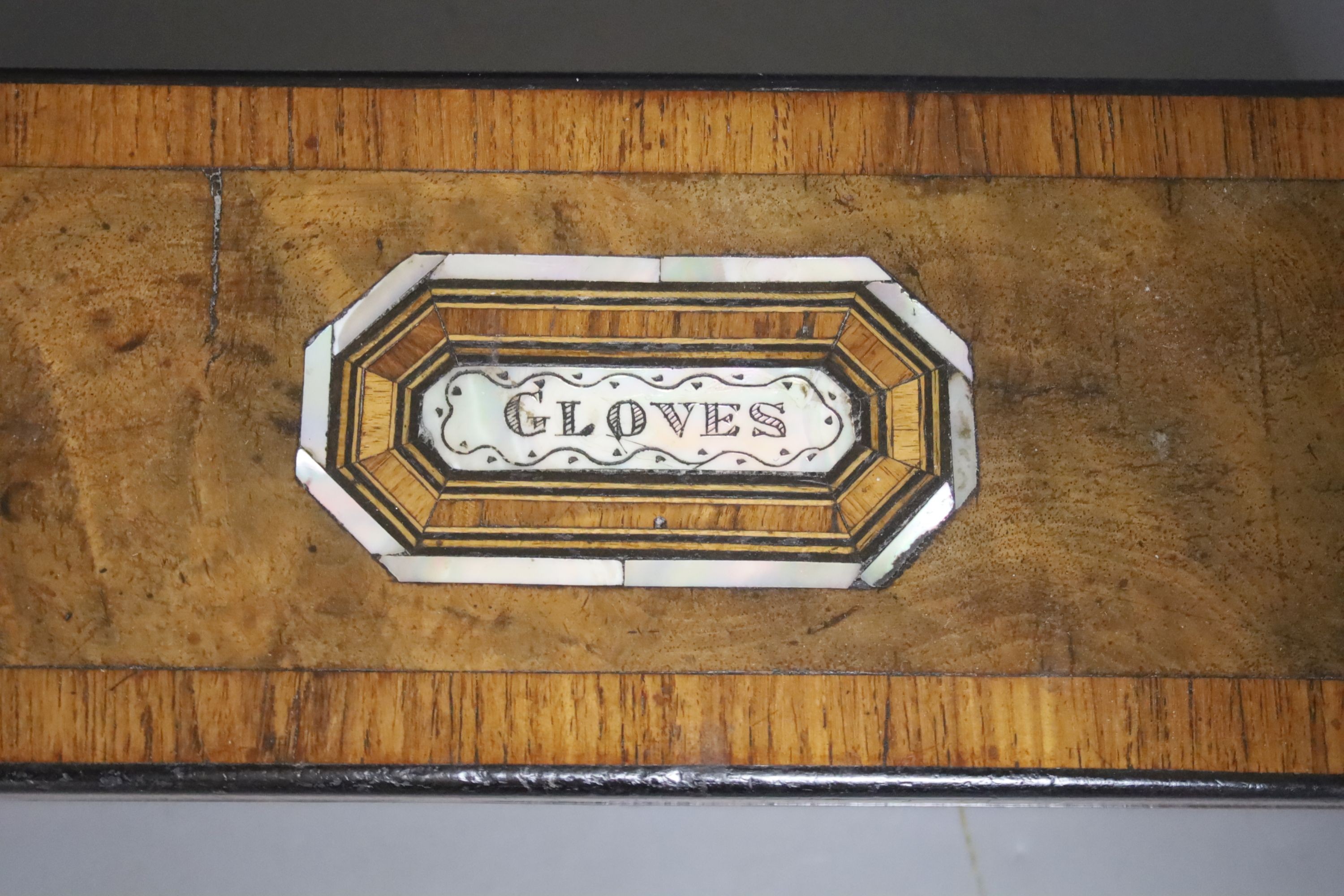 A victorian mother of pearl inset jewellery box and a glove box